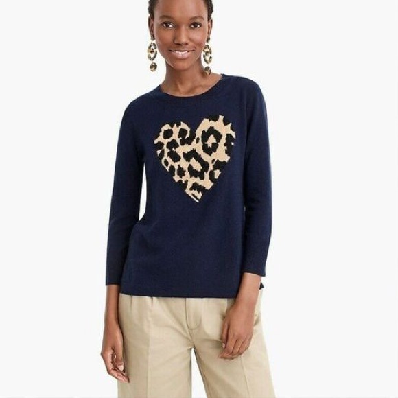 J. Crew 100% Cashmere Navy Sweater with Leopard Heart Design, EUC, M - Picture 1 of 13